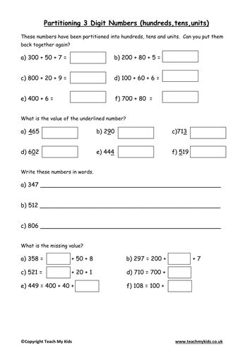 partitioning 3 digit numbers|Hundreds, Tens, and Units Partitioning Numbers .